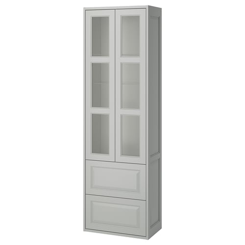 Elegant gråt TÄNNFORSEN skab med glasdøre til badeværelset. Skrå paneler, skuffer og vægmontering giver et tidløst look.