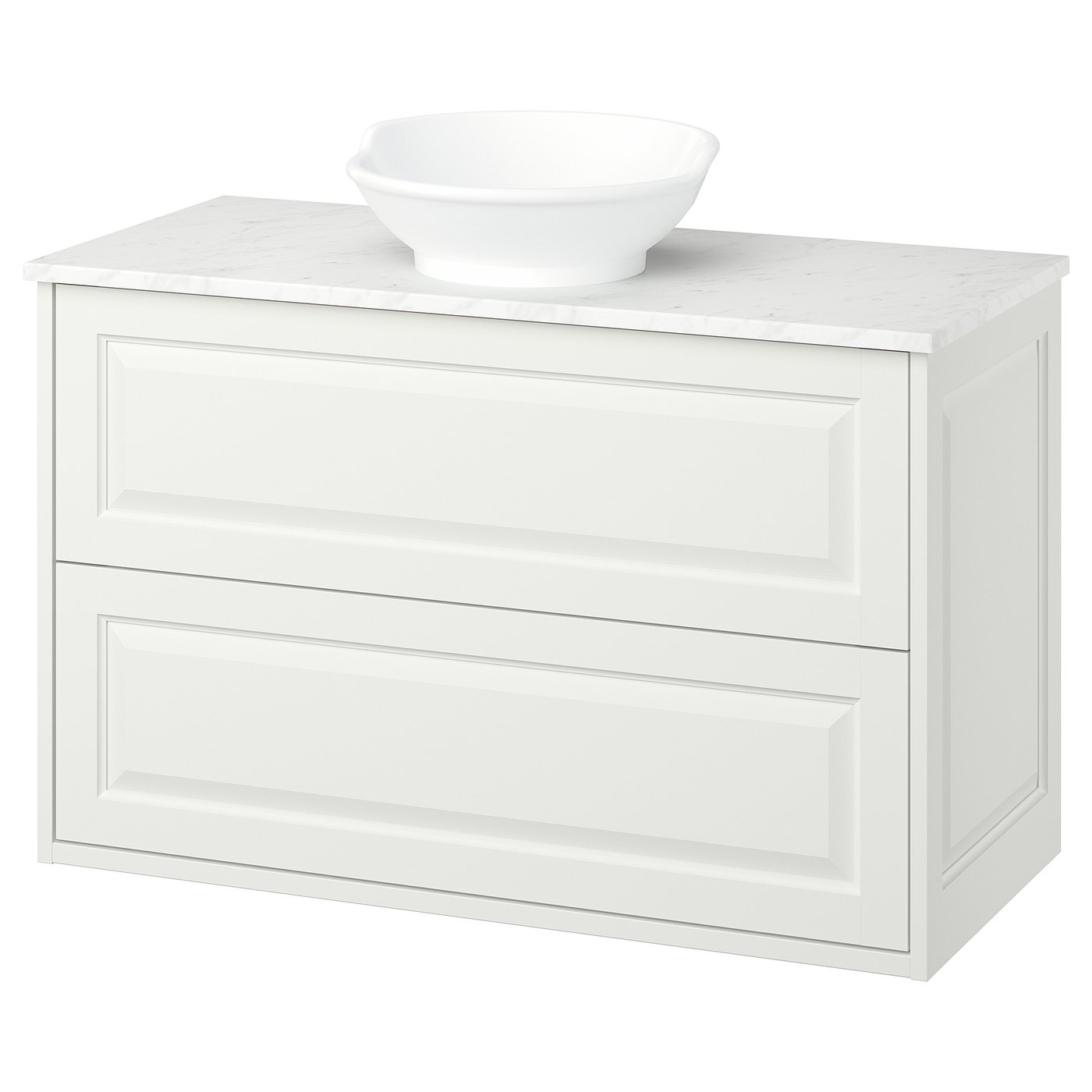Hvidt badeværelsesvaskebord, marmortop, rund skålvask, to skuffer, klassisk design.
