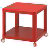 Rødt mobilt sidebord, firkantet form med hjul, moderne minimalistisk design.