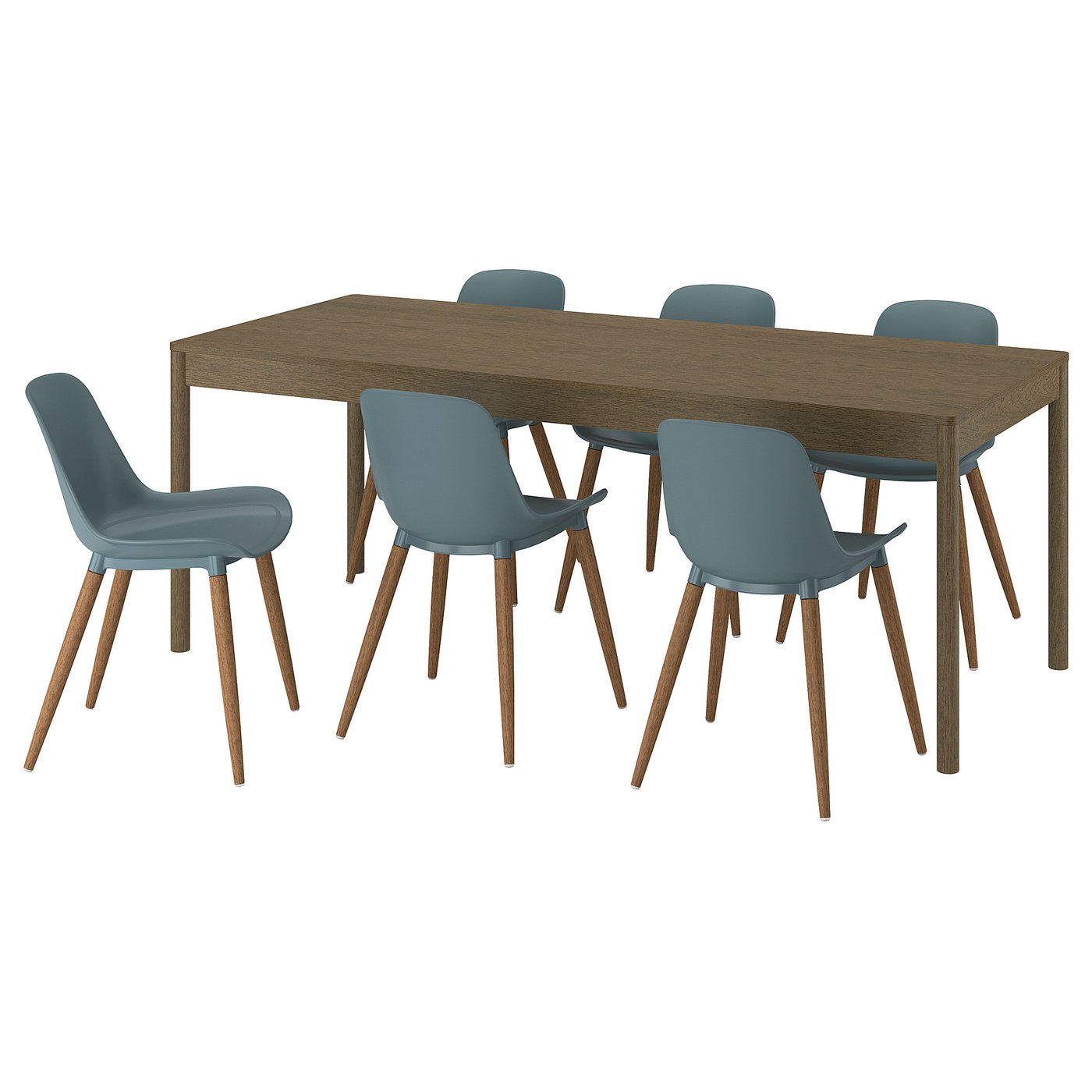 Møbelmontering TONSTAD / GRÖNSTA Bord og 6 stole, brun egetræsfiner/turkisgrå, 200×85 cm
