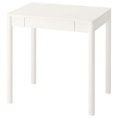 Et hvidt skrivebord i TONSTAD-serien med skuffe. Den har en firkantet top, fire cylindriske ben og et klassisk råhvidt design. Perfekt til små rum.