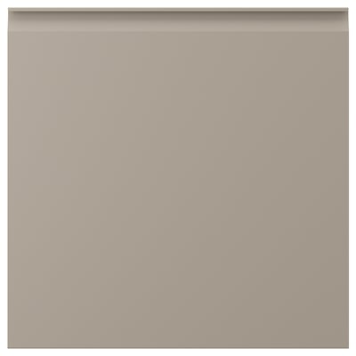 UPPLÖV beige køkkenlåge, affasede kanter, integreret greb, genbrugsmaterialer.