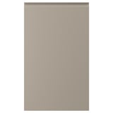 Beige køkkenskab med metalliske håndtag, rektangulær form.