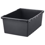 Sort plastik opbevaringsbeholder, rektangulær form, glatte sider, dyb beholder.