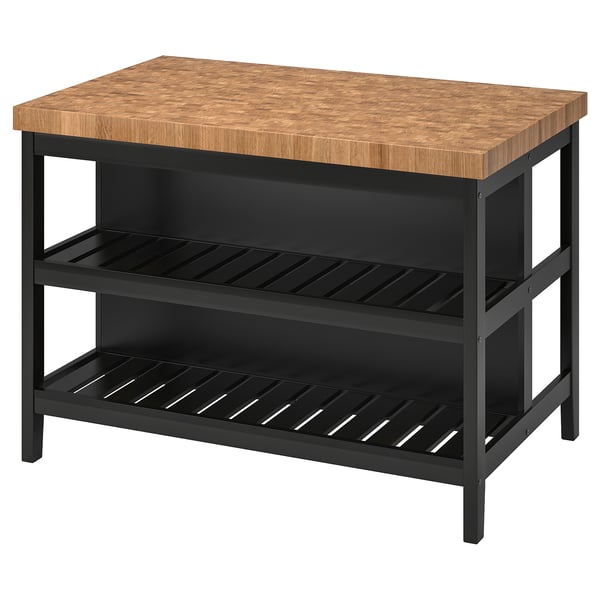 Sort køkkenø, VADHOLMA. Lys træplade, to hylder, robust design.