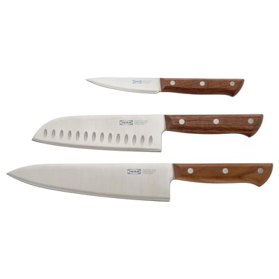 Ikea VARDAGEN knivsæt: 3 knive, træhåndtag, rustfri knive, skarpe, afbalancerede.