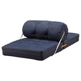 Ikeas VÅRKUMLA denim klapstol seng, blå, to puder design, kompakt og bærbar.