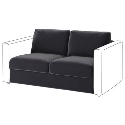 Mørkegrå VIMLE sofa med fløjlsstof, boxy design, to hynder og hvid kontur.