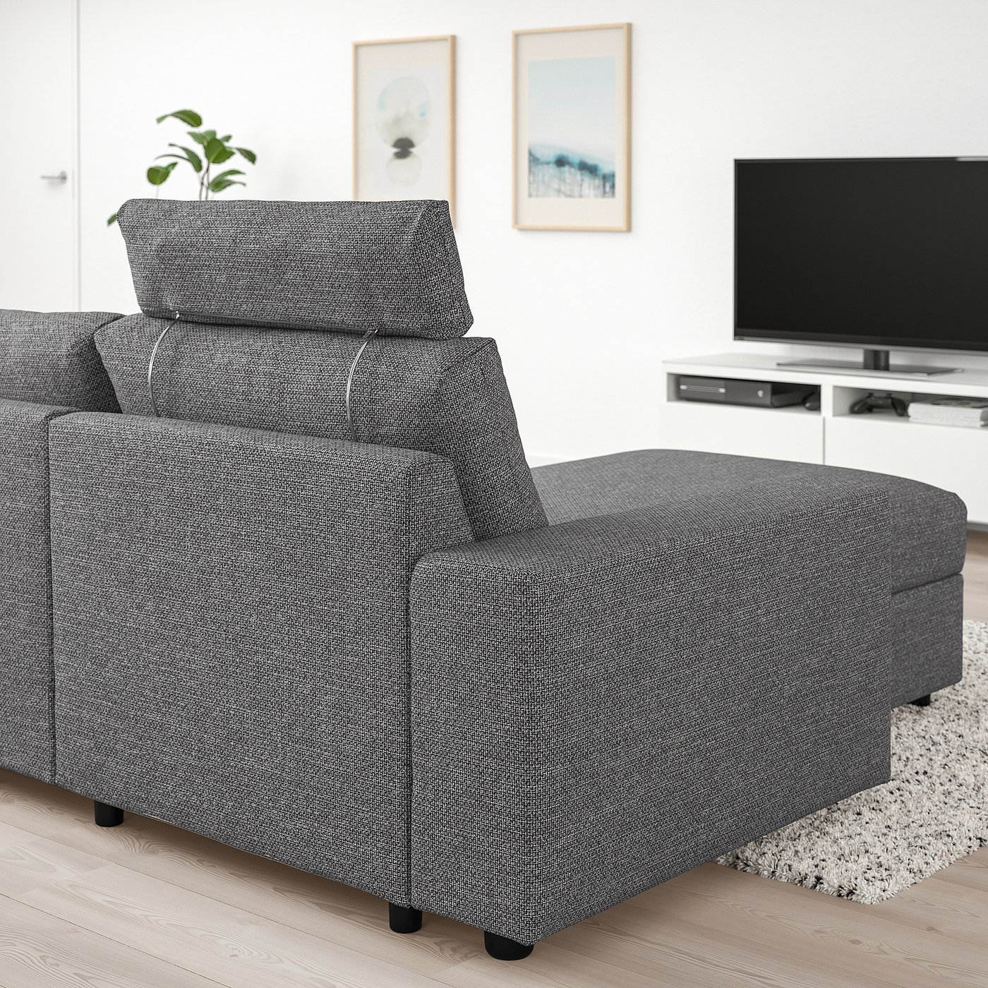 Møbelmontering VIMLE 3-pers. sofa med chaiselong, med brede armlæn med nakkepude/Lejde grå/sort