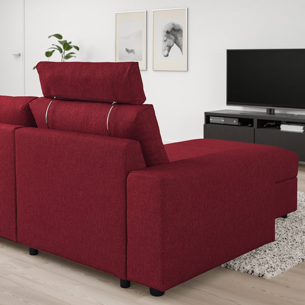 VIMLE 3-pers. sofa med chaiselong, med brede armlæn med nakkepude/Lejde rød/brun