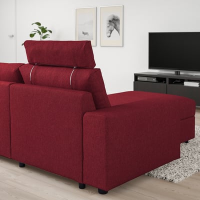 Rød VIMLE sofa med chaiselong, moderne design, hyggelige hynder og en opbevaringschaiselong.
