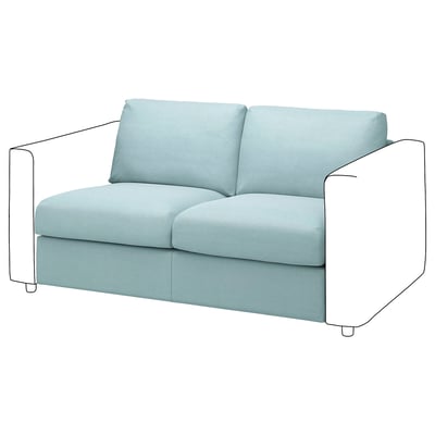 Lyseblå sofa ved navn VIMLE, lille og moderne, to puder, slankt design.