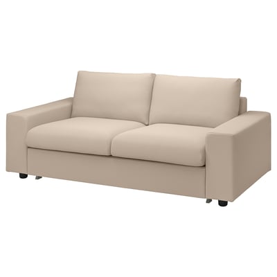 VIMLE: beige sofa med tre hynder, firkantede arme og polyester-bomuldsstof.