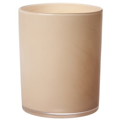 Seks tommer høj, cylindrisk, lys beige glas lysestage.