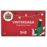 Ikeas VINTERSAGA honningkagehuskasse; rød med festlige illustrationer; 300g.