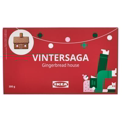 Ikeas VINTERSAGA honningkagehuskasse; rød med festlige illustrationer; 300g.