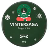 Rund dåse, mørkegrøn med hvide snefnug, VINTERSAGA ingefær tynd etiket, 300g.