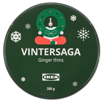 Rund dåse, mørkegrøn med hvide snefnug, VINTERSAGA ingefær tynd etiket, 300g.