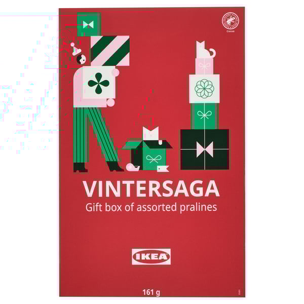 Ikeas VINTERSAGA: gaveæske med forskellige praliner med festligt design, velegnet til julegaver.