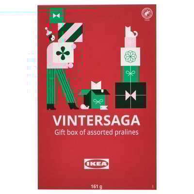 Ikeas VINTERSAGA: gaveæske med forskellige praliner med festligt design, velegnet til julegaver.
