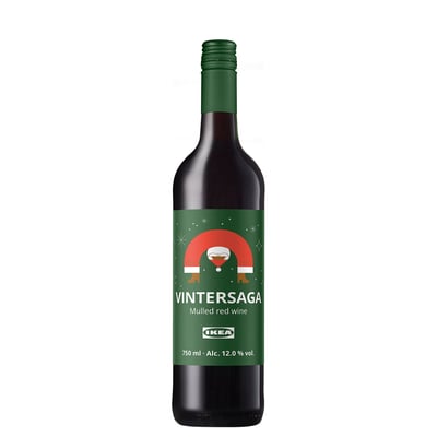 IKEA grøn vinflaske med julemandsetiket, hvid tekst VINTERSAGA, 750ml.