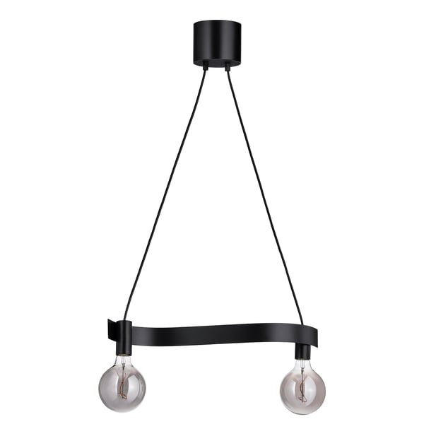 ACKJA black pendant lamp with 2 exposed bulbs, wave-shaped, steel, glowing lights.