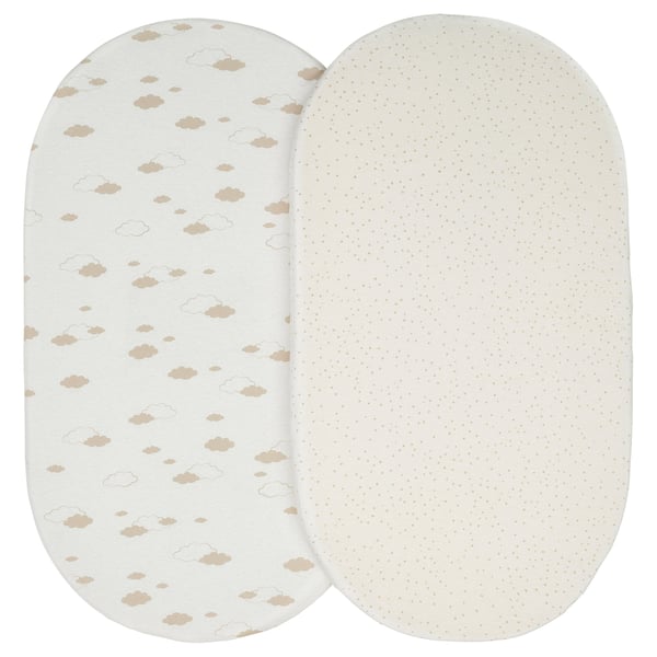 Two light-colored oval-shaped baby crib sheets. One has a dotted pattern, the other has a cloud design. Both are made of 100% cotton.