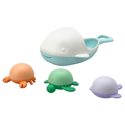 Four colourful bath toys: a blue whale and three turtles. Made of plastic and recycled materials.