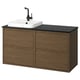 Modern bathroom vanity, brown oak, square white basin, black countertop, minimalist handles.