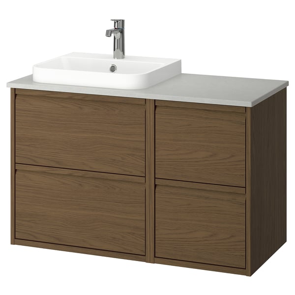 Modern bathroom vanity, ÄNGSJÖN, with brown oak effect, 4 drawers, white countertop, and rectangular ceramic sink.