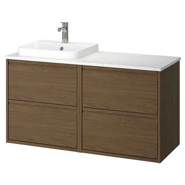 Modern bathroom vanity, ÄNGSJÖN in brown oak, wall-mounted with marble sink, sleek minimalist handles.