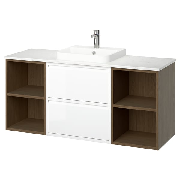 ÄNGSJÖN vanity: white, wooden sides, matte drawer fronts, rectangular sink in middle, open shelves flanking sides, sleek modern design.