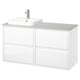 Modern white bathroom vanity with two drawers and a marble countertop. Square sink and chrome faucet.
