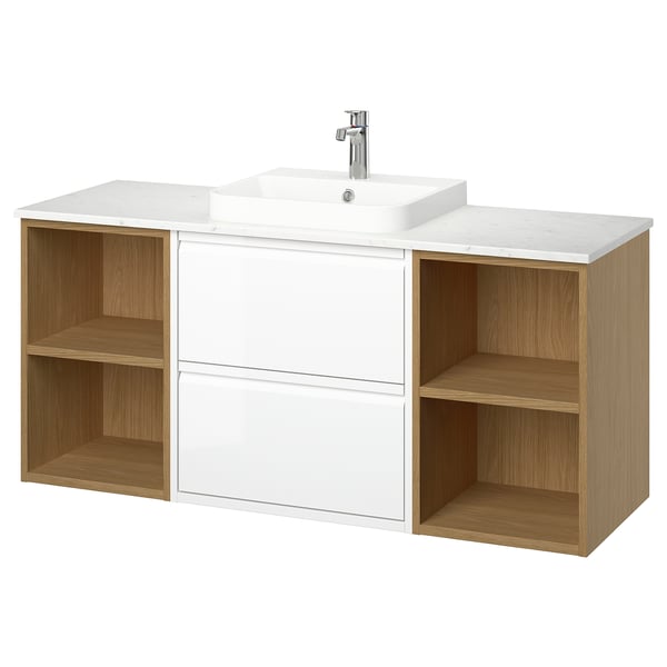 Modern white bathroom vanity with central basin, marble countertop, and wooden shelves. Mounts on the wall.