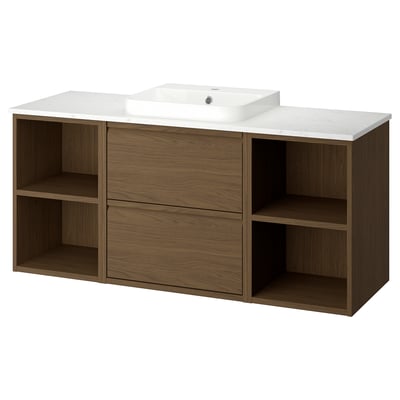 Modern bathroom vanity ÄNGSJÖN in brown oak with marble countertop and open shelving.
