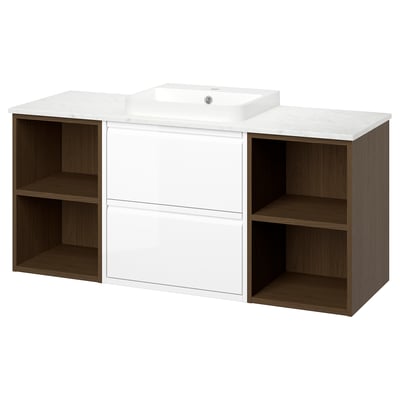 A white ÄNGSJÖN bathroom vanity with marble countertop, semi-recessed basin, and open shelves on both sides. Modern design with wood texture.
