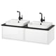 Modern white dual sink vanity. Matte handles, black accents, marble basins.