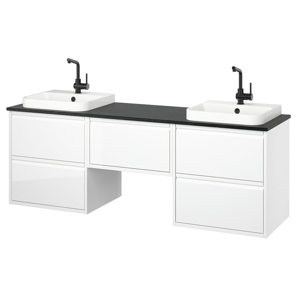 ÄNGSJÖN white bathroom vanity, sleek modern design with two drawers, marble countertop, and two sinks.