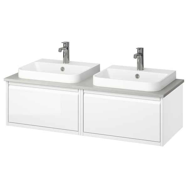 Double white wall-mounted bathroom vanity, rectangular sinks, chrome faucets, sleek design.