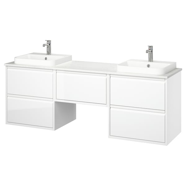 White modern bathroom vanity with marble countertop and two rectangular sinks.