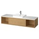 Modern floating oak bathroom vanity with white quartz sink, minimalist design.