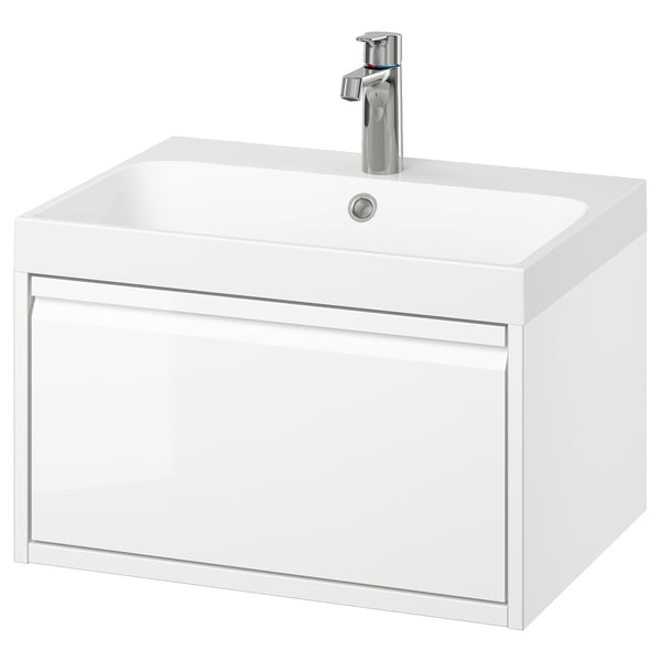 ÄNGSJÖN: modern white wall-mounted bathroom cabinet, sleek minimal design with full drawer, crisp-edged marble sink.