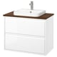 A sleek white ÄNGSJÖN bathroom vanity with a wooden countertop and a square modern sink.