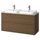 A stylish dual vanity unit named ÄNGSJÖN. It has a wooden finish and two rectangular sinks with chrome faucets. The design is sleek and modern.