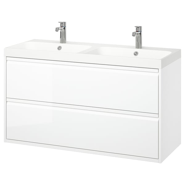 White modern dual sink vanity, wall-mounted with sleek handles, chrome faucets, and minimalist design.