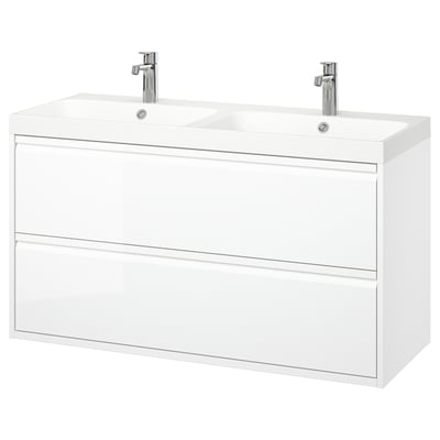 White modern dual sink vanity, wall-mounted with sleek handles, chrome faucets, and minimalist design.
