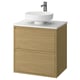 Modern oak bathroom cabinet with white marble countertop and bowl sink.
