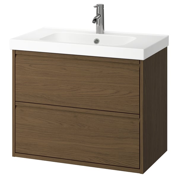 ÄNGSJÖN bathroom vanity: wall-mounted brown oak, 2 drawers, white ceramic sink.