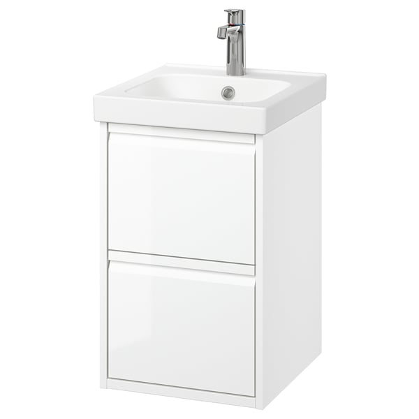 ÄNGSJÖN white bathroom cabinet, sleek design, 2 drawers, ceramic sink, minimalist handles.