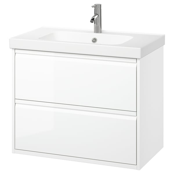 White ÄNGSJÖN bathroom cabinet, modern design with 2 drawers, ceramic sink, chrome faucet.